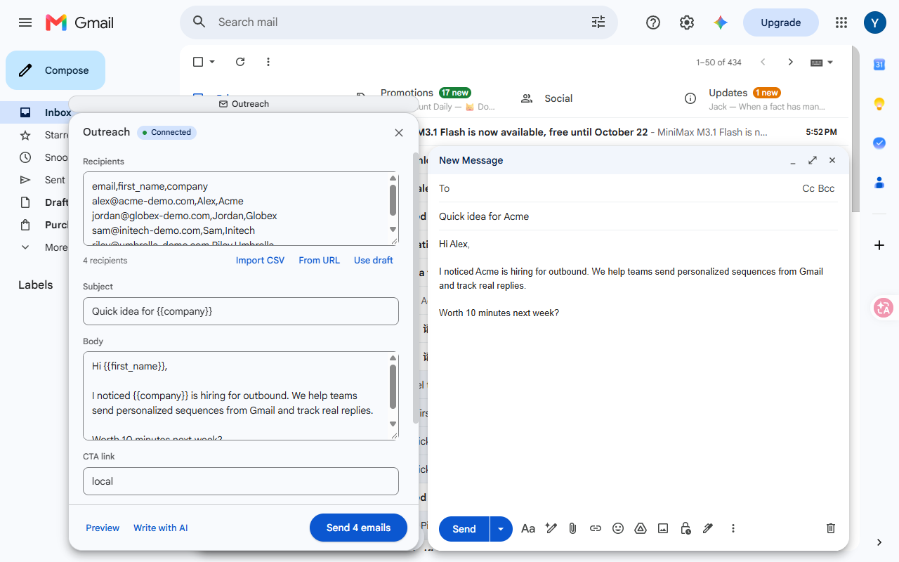OutReach Pilot panel inside Gmail