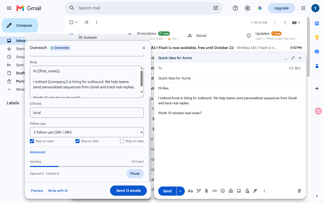 OutReach Pilot panel inside Gmail mid-campaign: 3 of 12 sent, stop on open and stop on click enabled, pause button